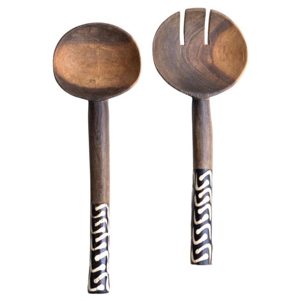 Salad Servers, Carved Olive Wood and Bone
